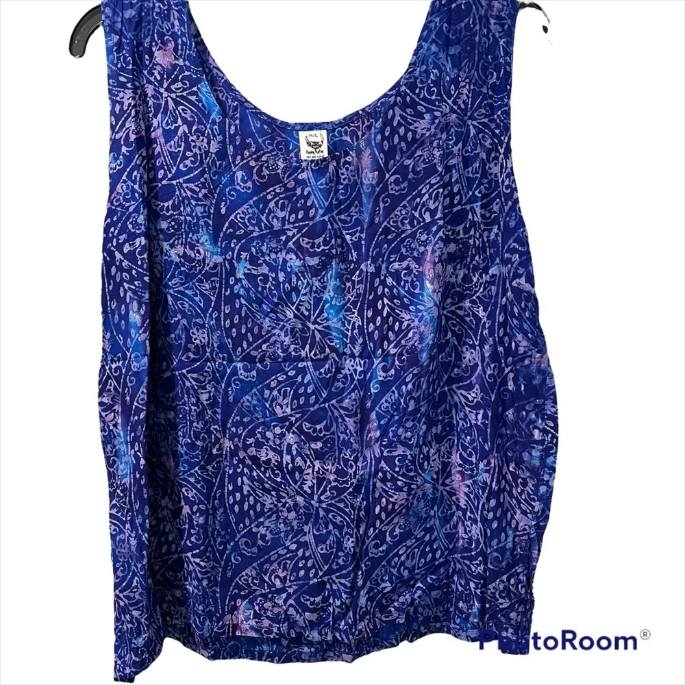 Flaming Pearl Inc Woman’s Batik Top Colorful Blue Purple Gently Worn ML Rayon